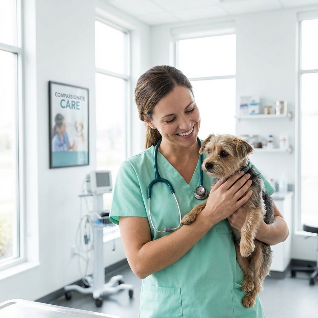 Caring veterinarian with pet